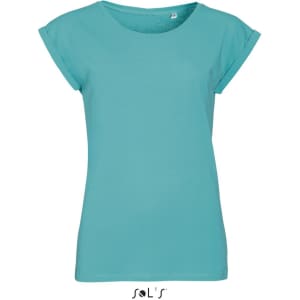 A women's turquoise T-shirt featuring a round neck and seamless armholes, made from 100% semi-combed ring spun cotton.