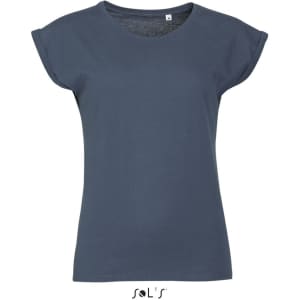 A women's round neck T-shirt in navy blue with seamless arm holes, made from 100% semi-combed ring spun cotton.