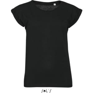 A black women's T-shirt with a round neck and seamless armholes, made from 100% semi-combed ring spun cotton, featuring a logo.