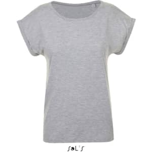 A grey women's T-shirt with a round neck and seamless armholes, made from 100% semi-combed ring spun cotton.