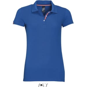 A women's polo shirt in blue made from 100% ring spun cotton, featuring a logo and contrasting trim.
