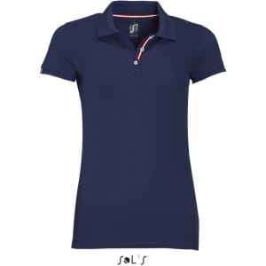 A navy blue women's polo shirt made from 100% ring spun cotton, featuring a logo and contrasting trim.