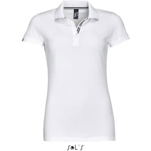 A women's polo shirt in white, made from 100% ring spun cotton, featuring a simple design and a logo.