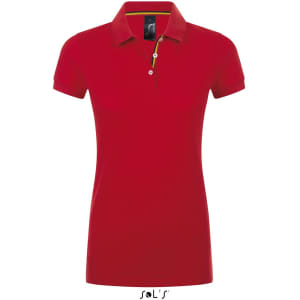 A red women's polo shirt made from 100% ring spun cotton, featuring a collar and a logo.