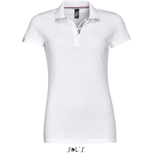 A women's polo shirt in white, made from 100% ring-spun cotton, featuring a logo on the sleeve.