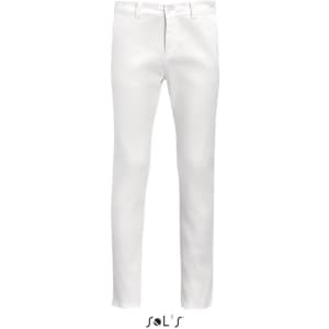 A pair of white men's chinos with a slim fit, featuring a traditional five-pocket design and a branded logo.