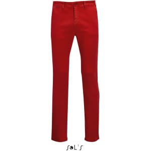Red men's chinos with a straight leg fit, featuring a logo at the bottom.