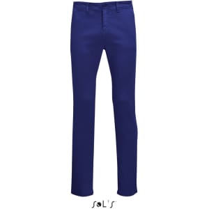 Men's chinos in a deep blue colour, featuring a straight leg design and a logo at the bottom.