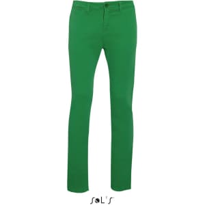 Men's chino trousers in vibrant green, featuring a slim fit and a logo at the hem.