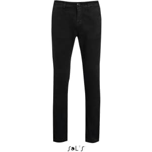 Black men's chinos featuring a slim fit design. The trousers include a logo and have a classic style.