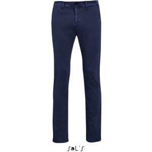 Men's chino trousers in navy blue with a fitted design and a logo near the hem.