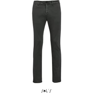 Men's chinos in dark grey with a straight leg design, featuring a logo at the bottom.