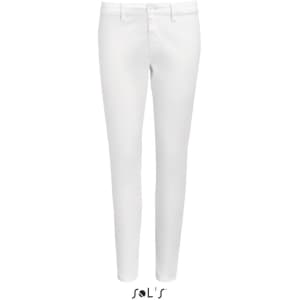 White women's chinos with a modern 7/8 leg design. Features a logo at the bottom.