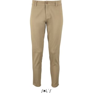 Light beige women's chinos with a modern 7/8 leg style and a button closure, featuring a logo at the bottom.