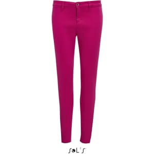 Women's 7/8 leg chinos in bright pink with a button closure and fitted design. Features a logo at the bottom.
