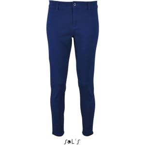 Modern women's chinos in navy blue with a 7/8 leg length, featuring a front button and logo detail.
