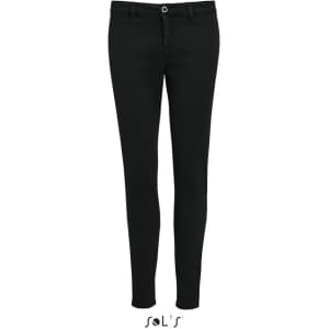 A pair of women's modern 7/8 leg chinos in black, featuring a front button and pocket details.