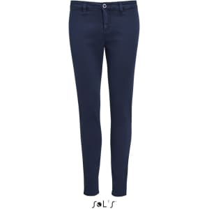 Navy blue women's chinos with a modern 7/8 leg style, featuring a front button and zip closure. Includes branding.