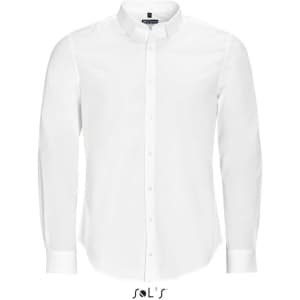 A long sleeve white business shirt with a button-down collar and a logo at the base.