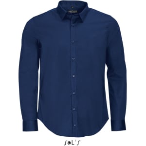 A long sleeve stretch shirt in navy blue with a button-down front and a collar. It has a logo at the bottom.