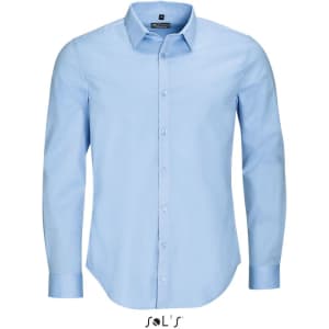 A light blue long sleeve stretch shirt for men featuring a button-down collar and a logo.