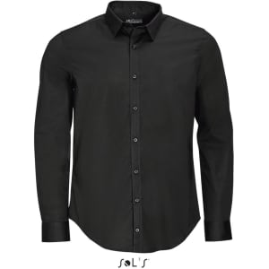 A long sleeve men's shirt in black with a button-up front and a branded logo.