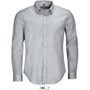 A light grey long sleeve stretch shirt for men featuring a button-up design and a collar. It includes a logo.