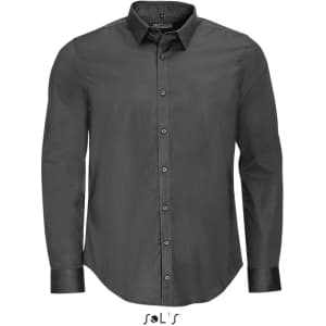 A long sleeve men's shirt in dark grey with a smooth fabric and a button-down collar, featuring a logo.