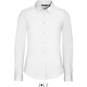 A women's long-sleeve stretch shirt in white, featuring a collar and buttons, with a logo at the bottom.