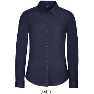 A women's long sleeve stretch shirt in dark navy with a button-up front and a collar. Features a logo at the bottom.