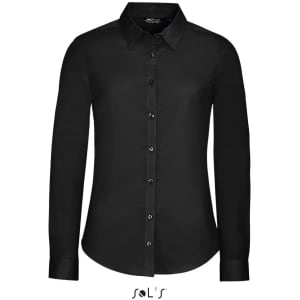 A women's long sleeve stretch shirt in black with a button-up front and a collared neckline, featuring a logo.
