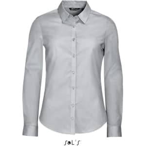 A women's long sleeve stretch shirt in light grey with a collared neckline and button-up front. Features a logo.