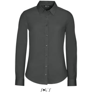 A women's long sleeve shirt in black, featuring a classic collar and button-up front, with a logo at the bottom.