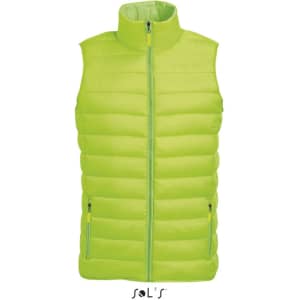 A puffer-style vest in bright lime green with a high neck and zippered pockets, featuring a logo.