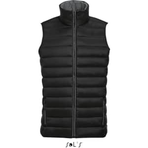 A black men's puffer vest with a contrast neck and zip front, featuring side pockets and a logo.