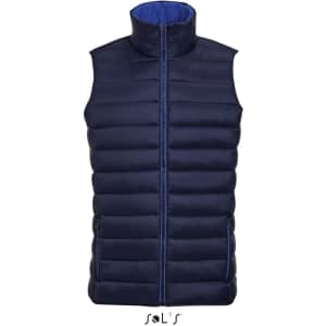 A navy blue men's puffer vest with a contrasting blue interior and a zipped front. It features a logo at the bottom.