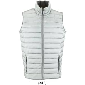A men's puffer vest in light grey with a contrast collar and front zip. Features two side zip pockets.