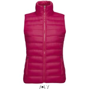 A women's puffer vest in a vibrant pink colour with a contrast neck section and zippered pockets. Features a logo.