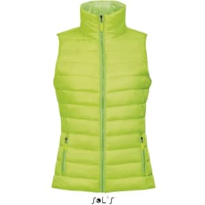 A green women's puffer vest with a contrast neck section and zippered pockets, featuring a branding logo.