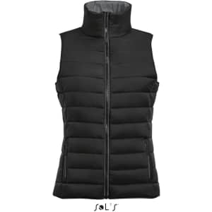 A women's puffer vest in black with a high neck and horizontal quilted design, featuring a zipper. It has a logo at the bottom.