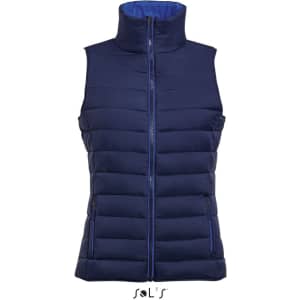 A women's puffer vest in navy blue with a contrasting blue neck section and zippered front pockets. It features a logo.