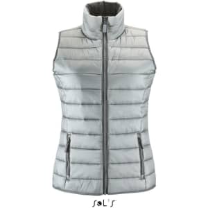 A women's puffer vest in light grey with a contrast neck section, featuring zip pockets and a logo.