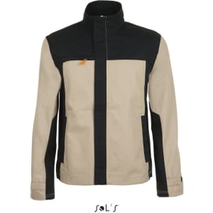 A two-colour workwear jacket in beige and black, featuring a high collar and side pockets, with a branding logo.