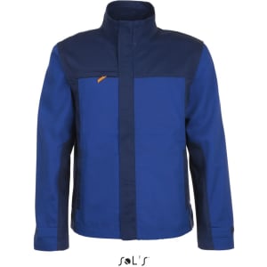 A two-colour workwear jacket featuring navy and blue fabric, with a logo on the front.