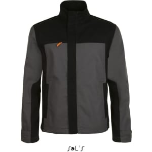 A two-colour workwear jacket in grey and black with a collar and several pockets. It features a logo on the front.