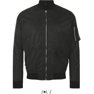 A black unisex bomber jacket with a zip front, side pockets, and a patch on the sleeve. It includes a logo.