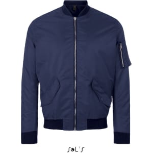 A unisex navy bomber jacket featuring a zip front, side pockets, and a sleeve pocket with a logo.
