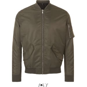 A unisex bomber jacket in olive green featuring a front zipper and side pockets. It includes a logo on the chest.
