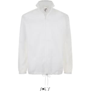 A white unisex rain coat with a hidden hood, featuring a zipper and drawstring at the hem. Includes a logo.