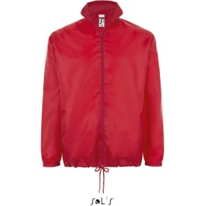A red unisex water-repellent raincoat featuring a hidden hood and elasticised hem. Includes a logo.